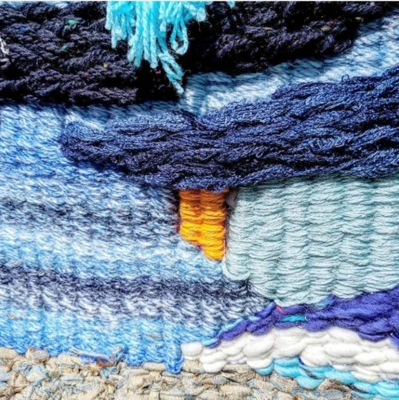 Large blue & white woven tapestry- tassel texture wall hanging